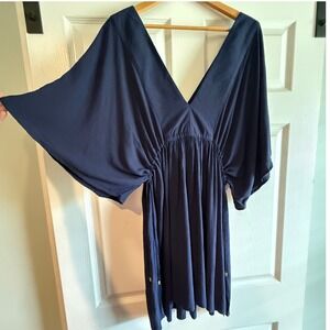 Lauren Ralph Lauren 1X Navy Boho Kaftan Dress Drawstring V Neck Viscose
